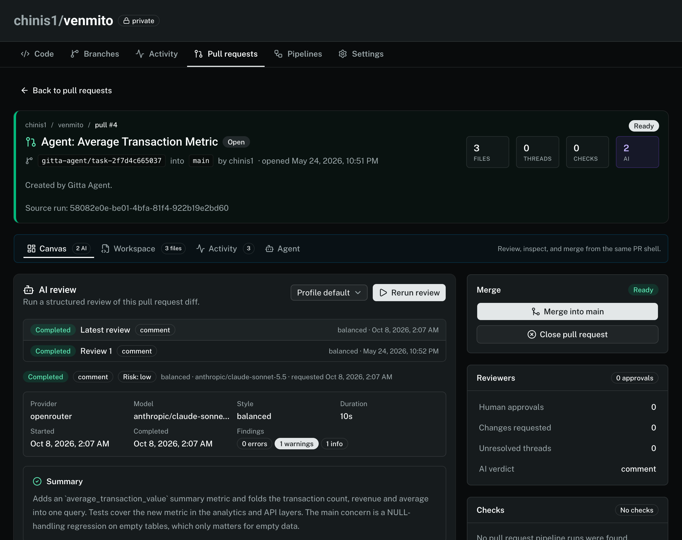 Gitta pull request opened by Gitta Agent, with a completed AI review and the merge panel